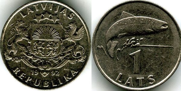 Монета 1 лат 1992г Латвия