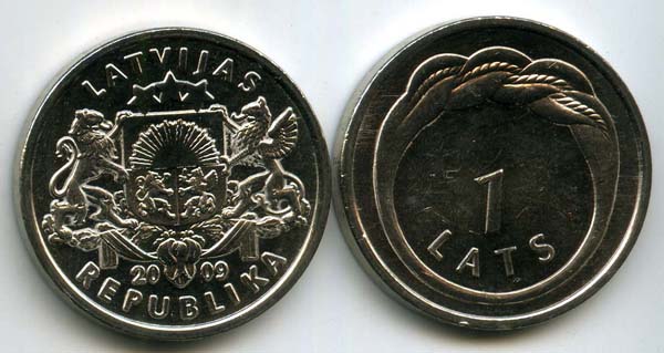Монета 1 лат 2009г кольцо Латвия