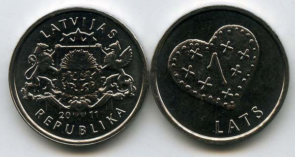 Монета 1 лат 2011г пряничное сердце Латвия