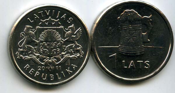 Монета 1 лат 2011г кружка пива Латвия