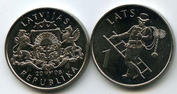 Монета 1 лат 2008г трубочист Латвия