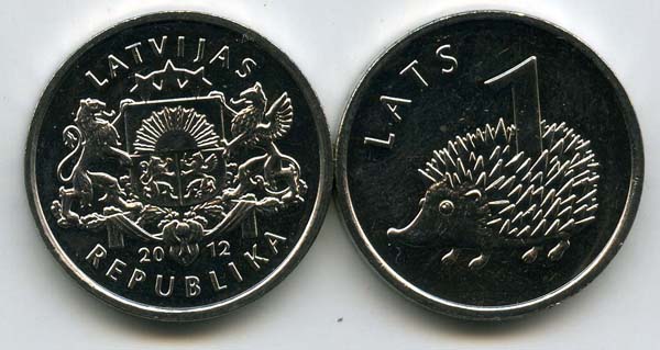 Монета 1 лат 2012г ёж Латвия