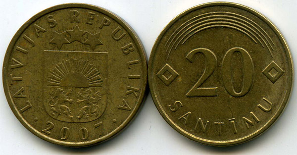 Монета 20 сентим 2007г Латвия