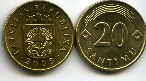 Монета 20 сентим 2009г ац Латвия