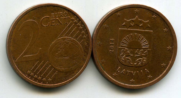 Монета 2 евроцент 2014г из обращения Латвия