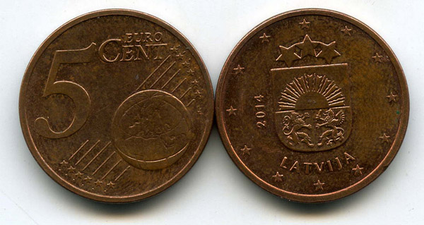 Монета 5 евроцент 2014г из обращения Латвия
