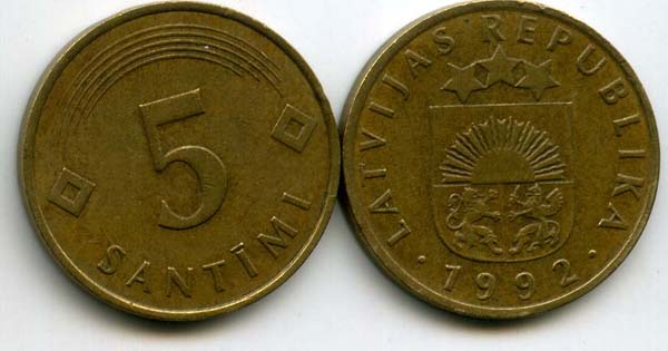 Монета 5 сентим 1992г Латвия