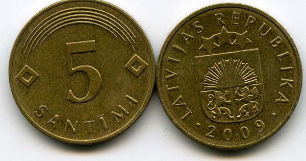 Монета 5 сентим 2009г Латвия