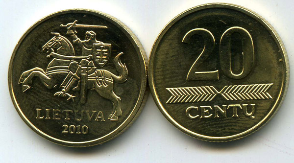 Монета 20 сенти 2010г АЦ Литва