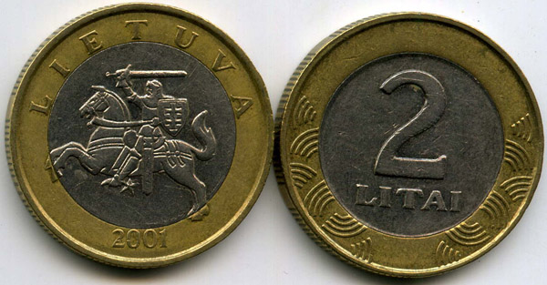 Монета 2 лита 2001г Литва