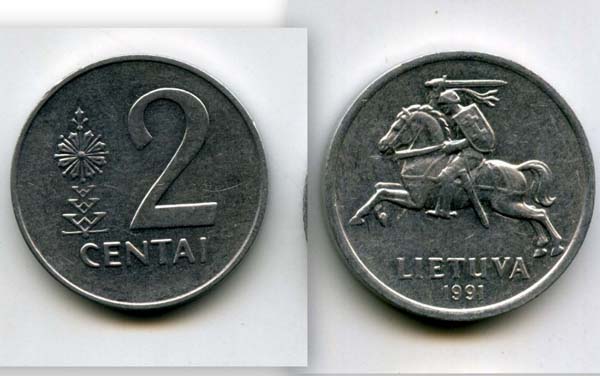 Монета 2 сенти 1991г Литва