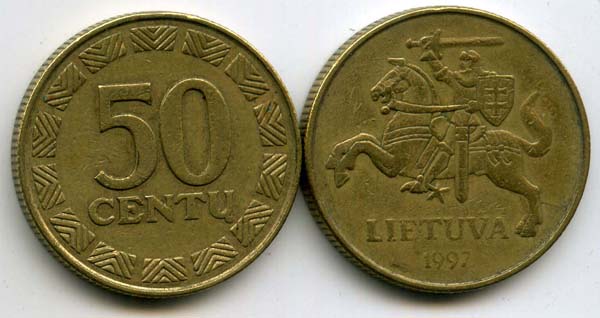 Монета 50 сенти 1997г Литва