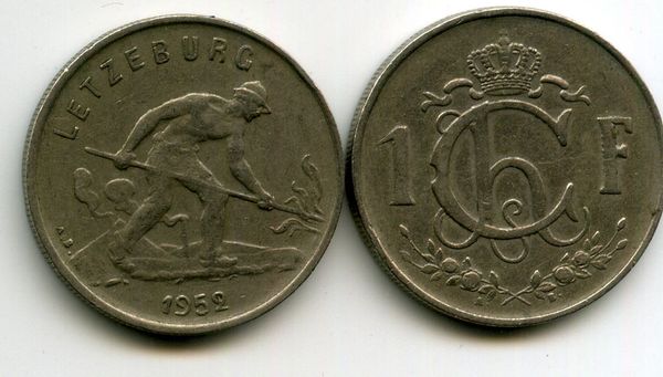 Монета 1 франк 1952г Люксембург