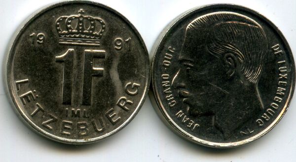 Монета 1 франк 1991г Люксембург