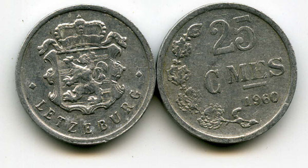 Монета 25 сентимес 1960г Люксембург