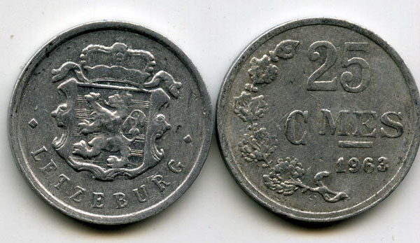 Монета 25 сентимес 1963г Люксембург