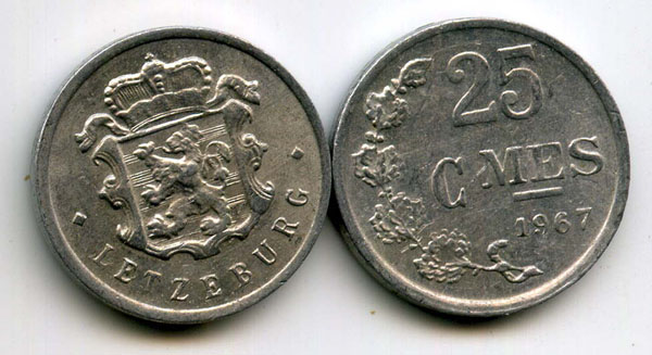 Монета 25 сентимес 1967г Люксембург