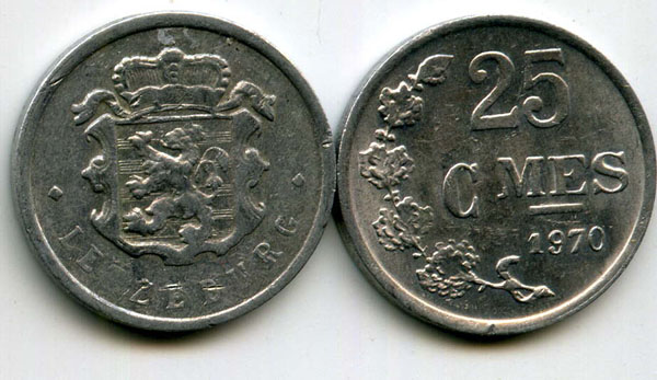 Монета 25 сентимес 1970г Люксембург
