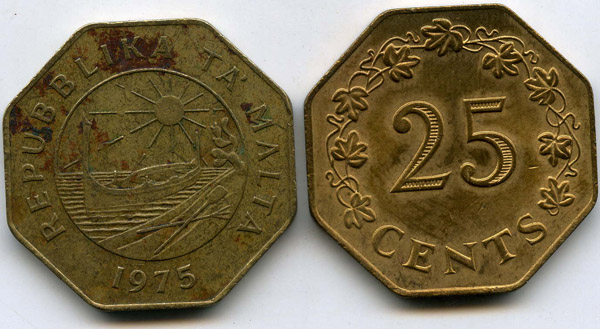 Монета 25 цент 1975г Мальта