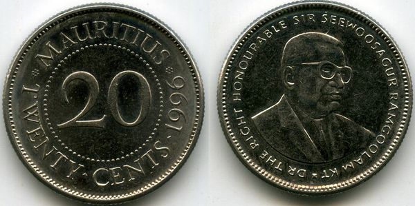 Монета 20 центов 1996г Маврикий