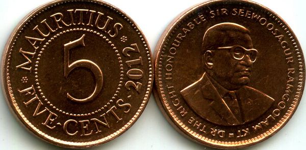 Монета 5 центов 2012г Маврикий