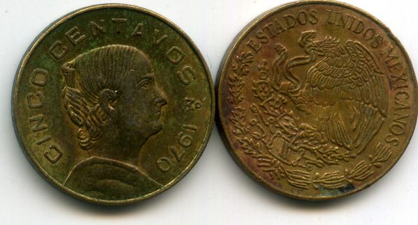 Монета 5 сентавос 1970г Мексика