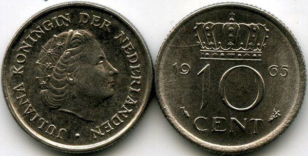 Монета 10 центов 1965г Нидерланды