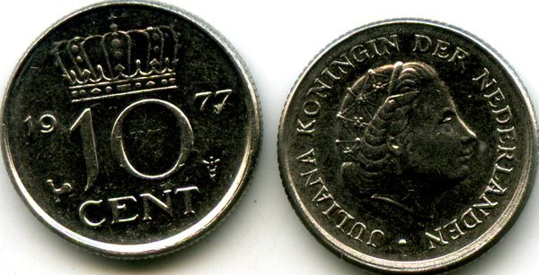 Монета 10 центов 1977г Нидерланды