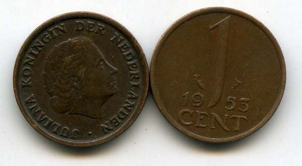 Монета 1 цент 1953г Нидерланды