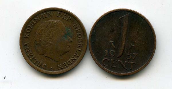 Монета 1 цент 1957г Нидерланды