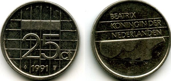 Монета 25 центов 1991г Нидерланды