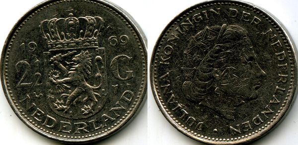 Монета 2,5 гульдена 1969г с Нидерланды