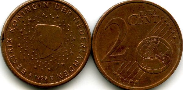 Монета 2 евроцента 1999г Нидерланды