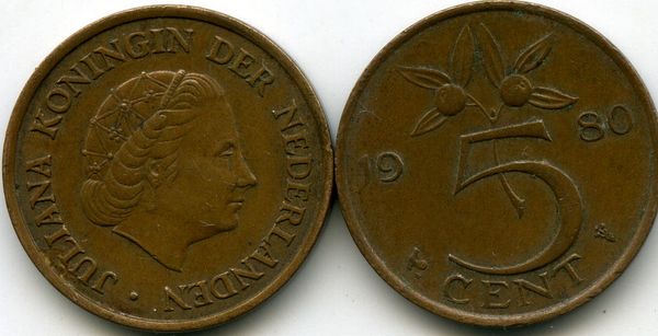 Монета 5 центов 1980г Нидерланды
