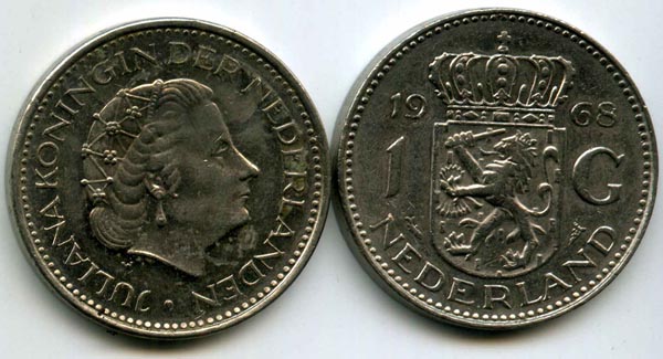 Монета 1 гульден 1968г Нидерланды