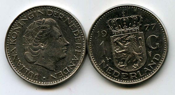 Монета 1 гульден 1977г Нидерланды