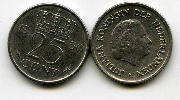 Монета 25 центов 1950г Нидерланды