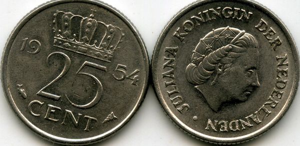 Монета 25 центов 1954г Нидерланды