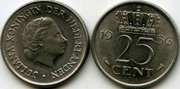 Монета 25 центов 1956г Нидерланды
