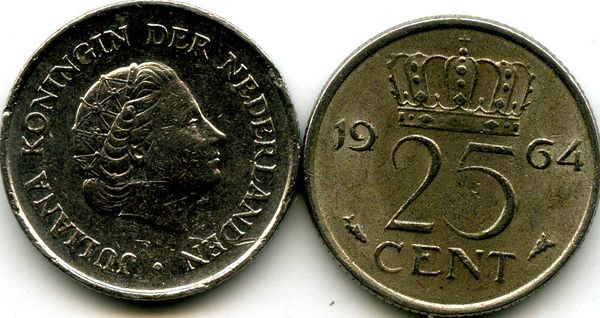 Монета 25 центов 1964г Нидерланды