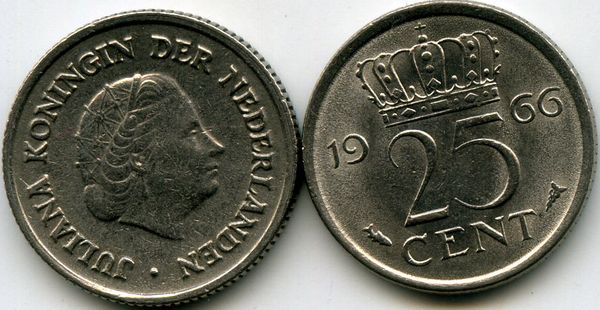 Монета 25 центов 1966г Нидерланды