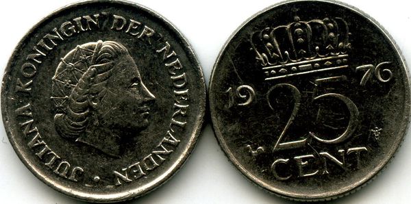 Монета 25 центов 1976г Нидерланды