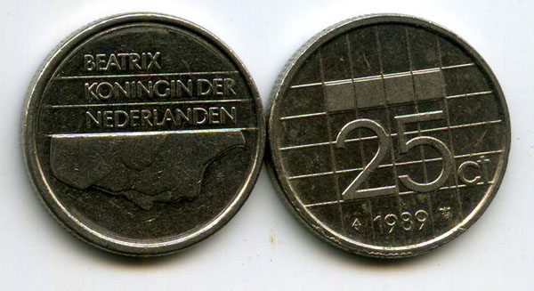 Монета 25 центов 1989г Нидерланды