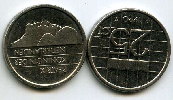 Монета 25 центов 1990г Нидерланды