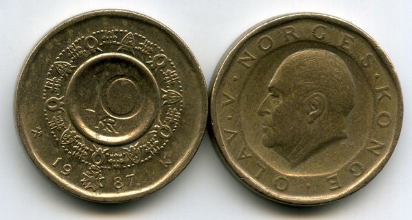 Монета 10 крон 1987г Норвегия