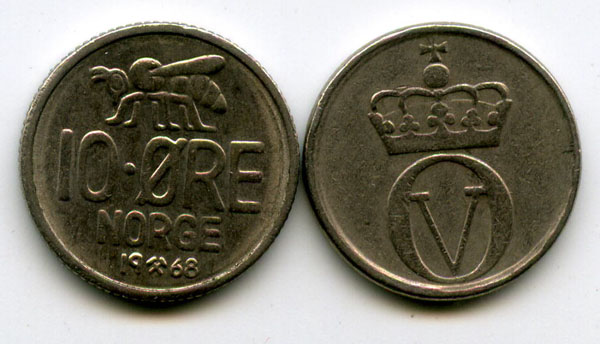Монета 10 оре 1968г Норвегия
