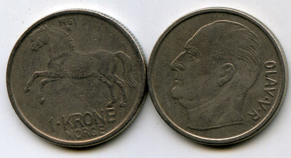 Монета 1 крона 1961г Норвегия