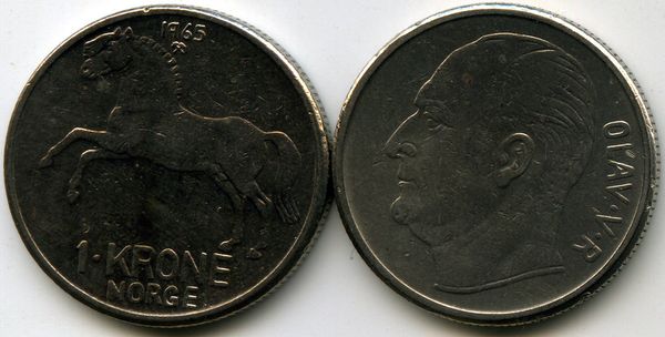 Монета 1 крона 1965г Норвегия