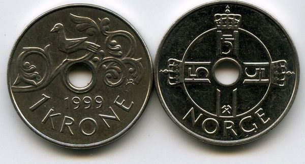 Монета 1 крона 1999г Норвегия