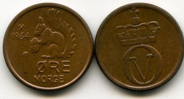 Монета 1 оре 1964г Норвегия